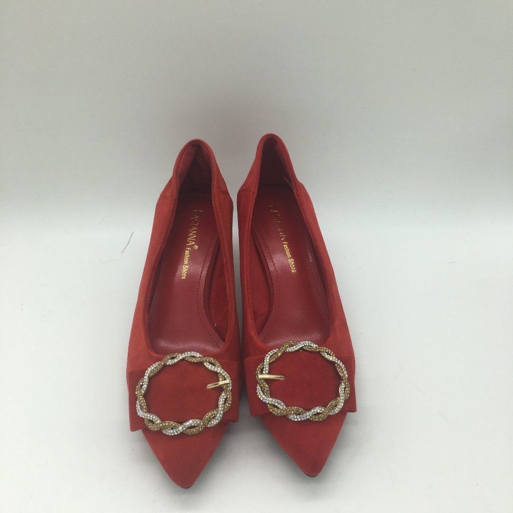 Red Low Heel Pumps Pointy Toe Slip On Rhinestones Buckle Dress Shoes